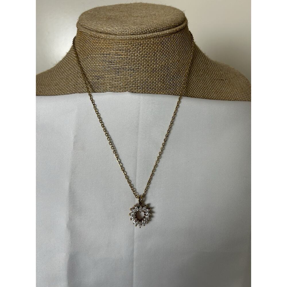 Beautiful Gold Tone Heart Necklace W/ Marquis Cubic Zirconia . Marked 14k GE